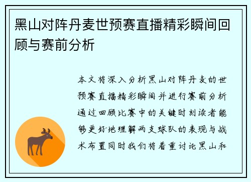 黑山对阵丹麦世预赛直播精彩瞬间回顾与赛前分析